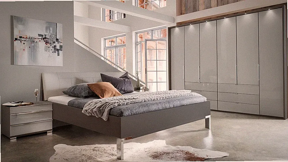 Schlafzimmer Set Loft Kleiderschrank Futonbett Nachtkommode mit Glas in grau