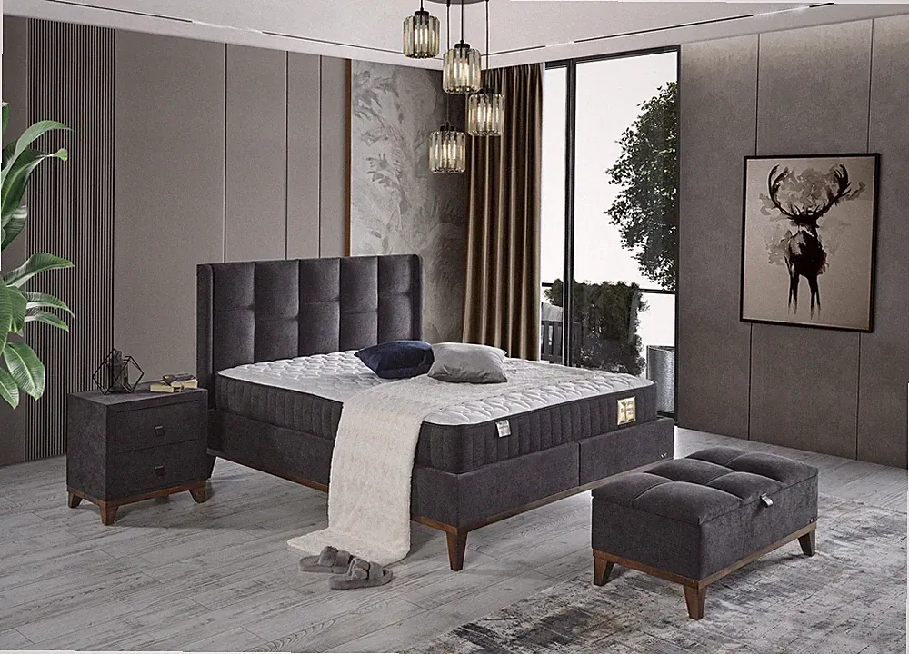 Schlafzimmer-Set "Rina" – Bett mit Bettkasten und Matratze , Nachttisch, Bettban