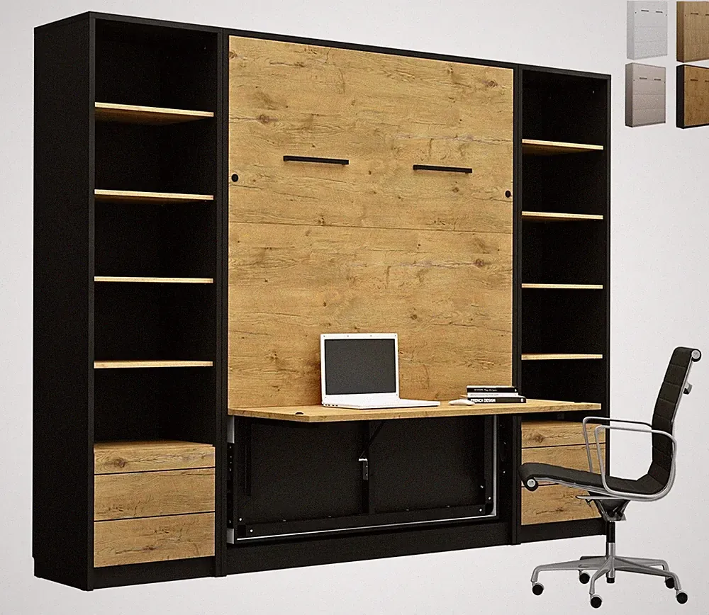 Schrankbett Wandklappbett vertikal GN 140x200 mit Schreibtisch & 2 Regalen LED