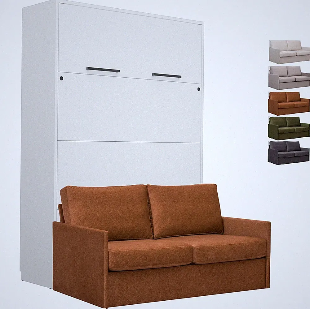 Schrankbett Wandklappbett vertikal GN 140x200 weiß mit LED & Sofa in 5 Farben