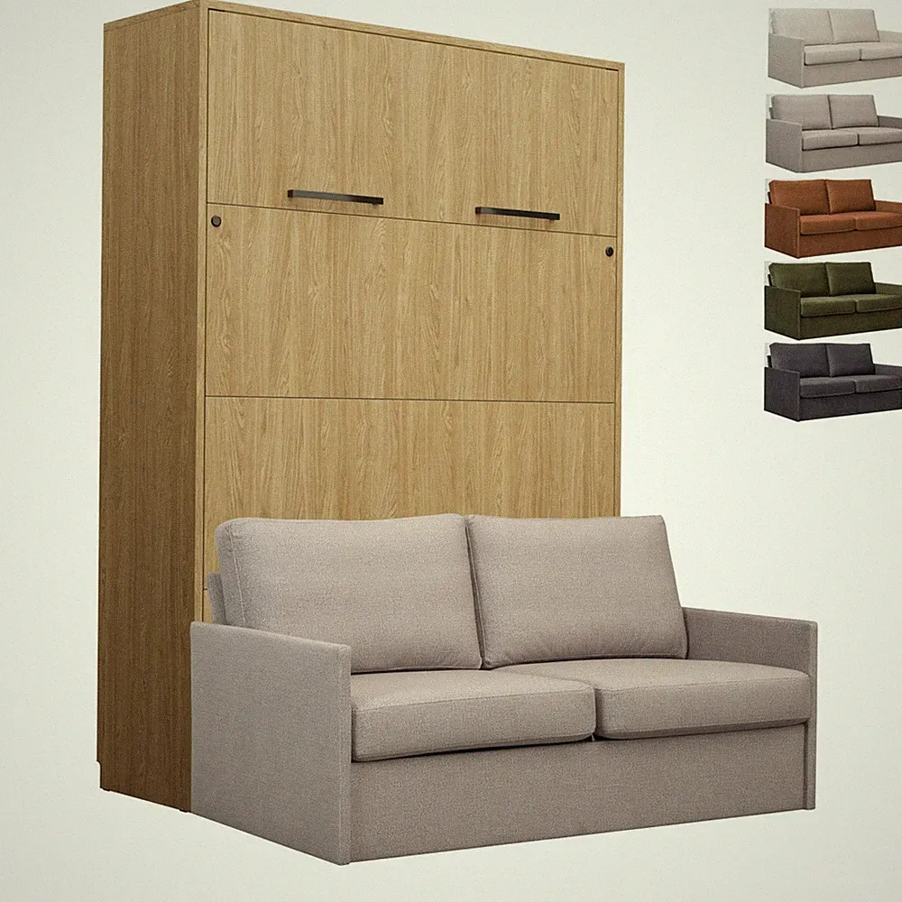 Schrankbett Wandklappbett vertikal GN140x200 eiche geölt mit LED & Sofa 5 Farben