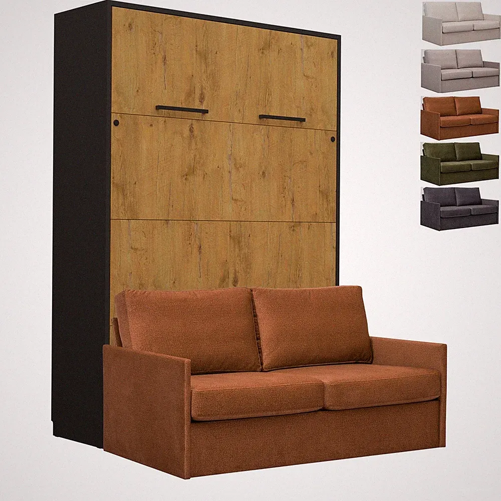 Schrankbett Wandklappbett vertikal GN140x200 eiche lancelot-schwarz mit Sofa LED