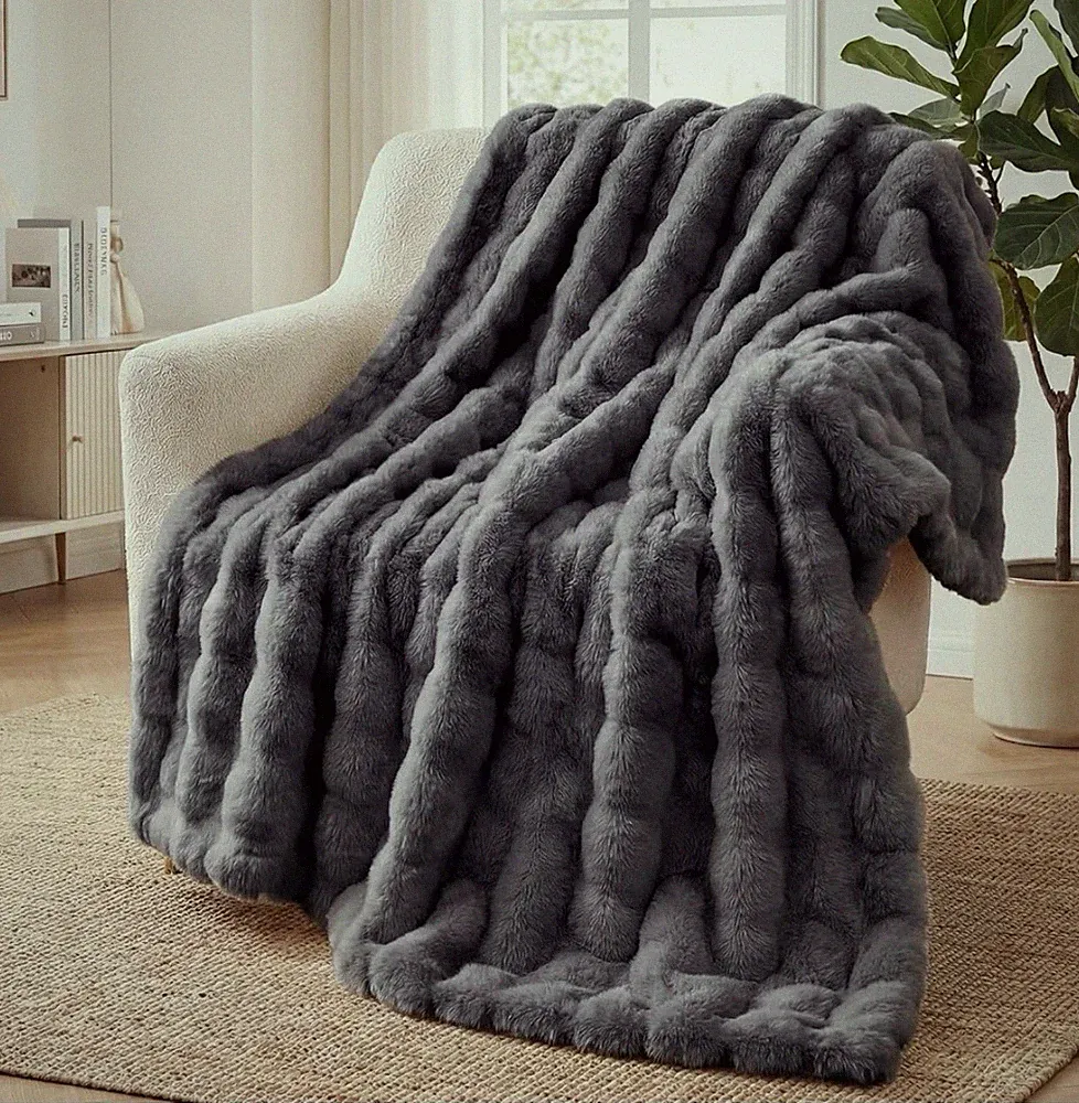 SHANNA weiche warme Kaninchen Plüsch Fleece Decken dick 1000 GSM, 160x200 cm - grau