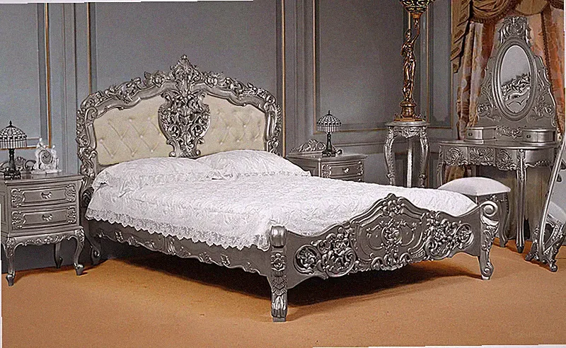 Silber Doppelbett 140x200 cm Polsterbett Rokoko Barock Bett 78287t