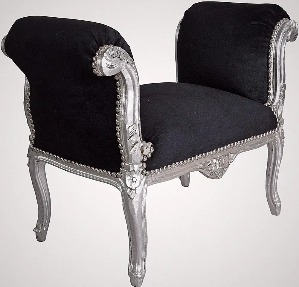 Sitzbank Barock Schwarz Silber Bettbank Massivholz Rokoko Antik Stil 94cm