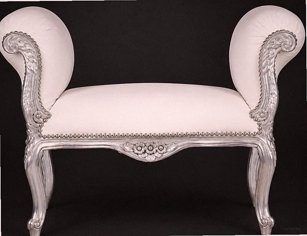 Sitzbank Barock Weiß Silber Bettbank Kunstleder Handgeschnitzt Rokoko 94cm