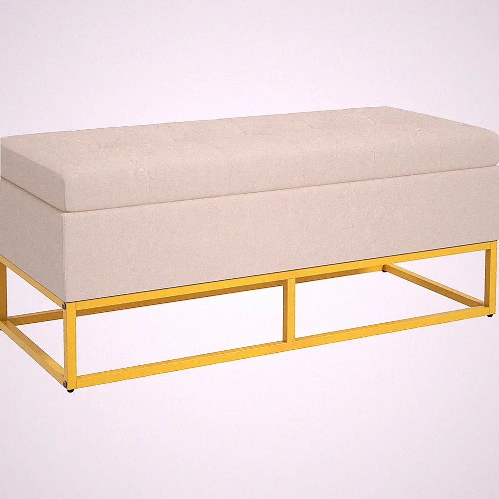 Sitzbank mit Stauraum, Polsterbank, Bettbank mit Samtoptik, Stahl, Beige