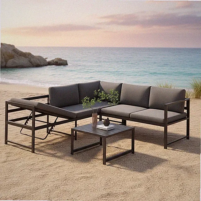 Sitzgruppe Aluminium Ecksofa Lounge mit Liegefunktion Grau wetterfest Tisch