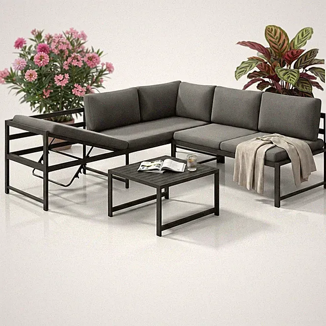 Sitzgruppe Aluminium Lounge Ecksofa mit Liegefunktion wetterfest Grau Tisch
