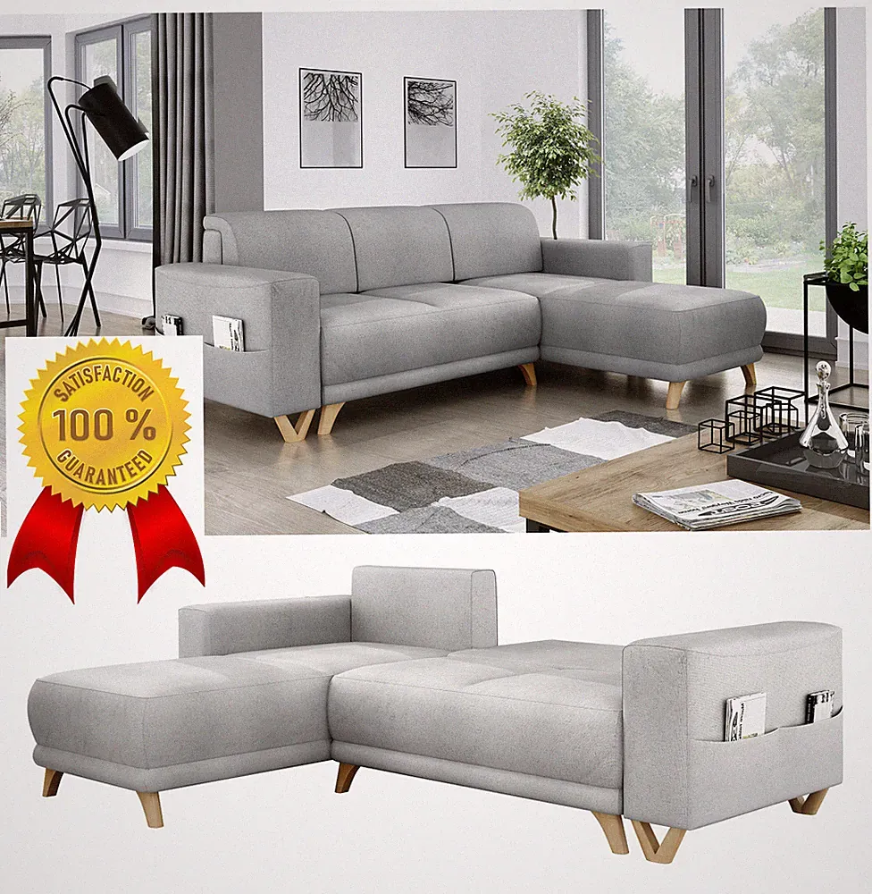 % Skandinavisches Design Ecksofa BETT Stauraum Schlafsofa Grau BuchenHolzfüße !
