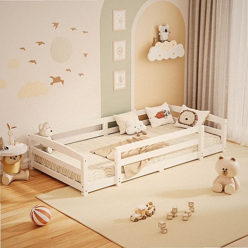 SLSY Kinderbett 90×200cm Bodenbett Rausfallschutz Lattenrost Kinder Bettgestell