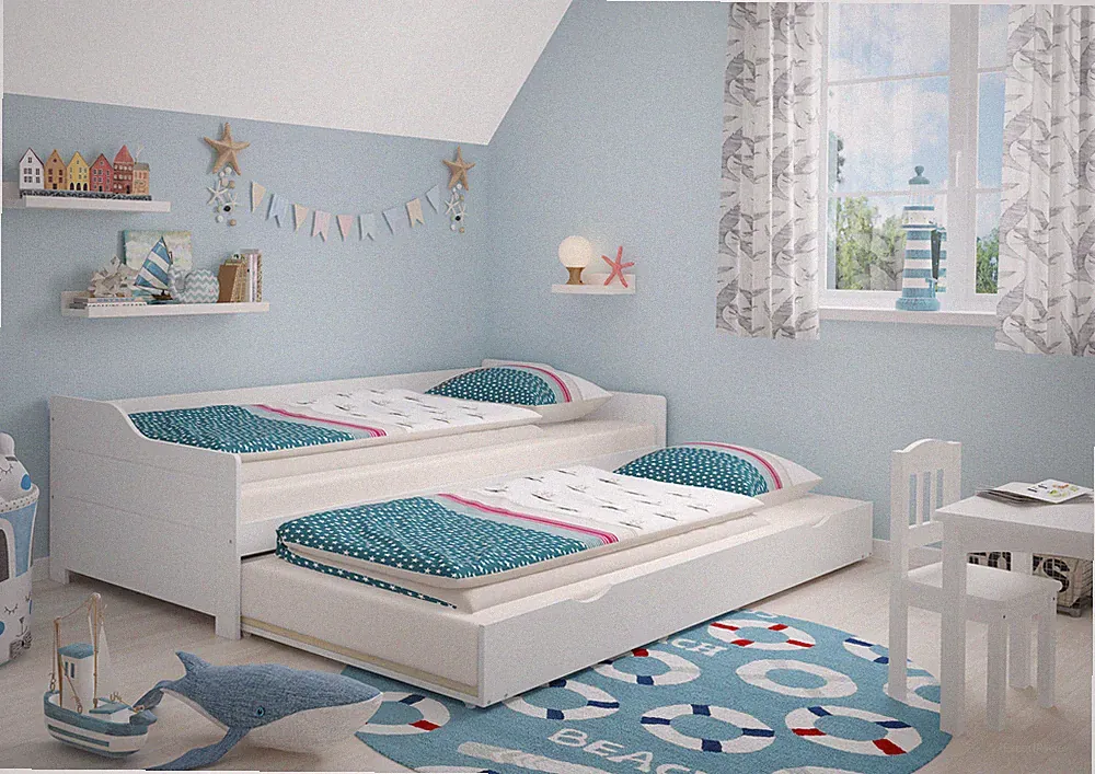 Sofabett Kinderbett 90x200 Einzelbett Bettkasten Kiefer weiß Zubehör wählbar