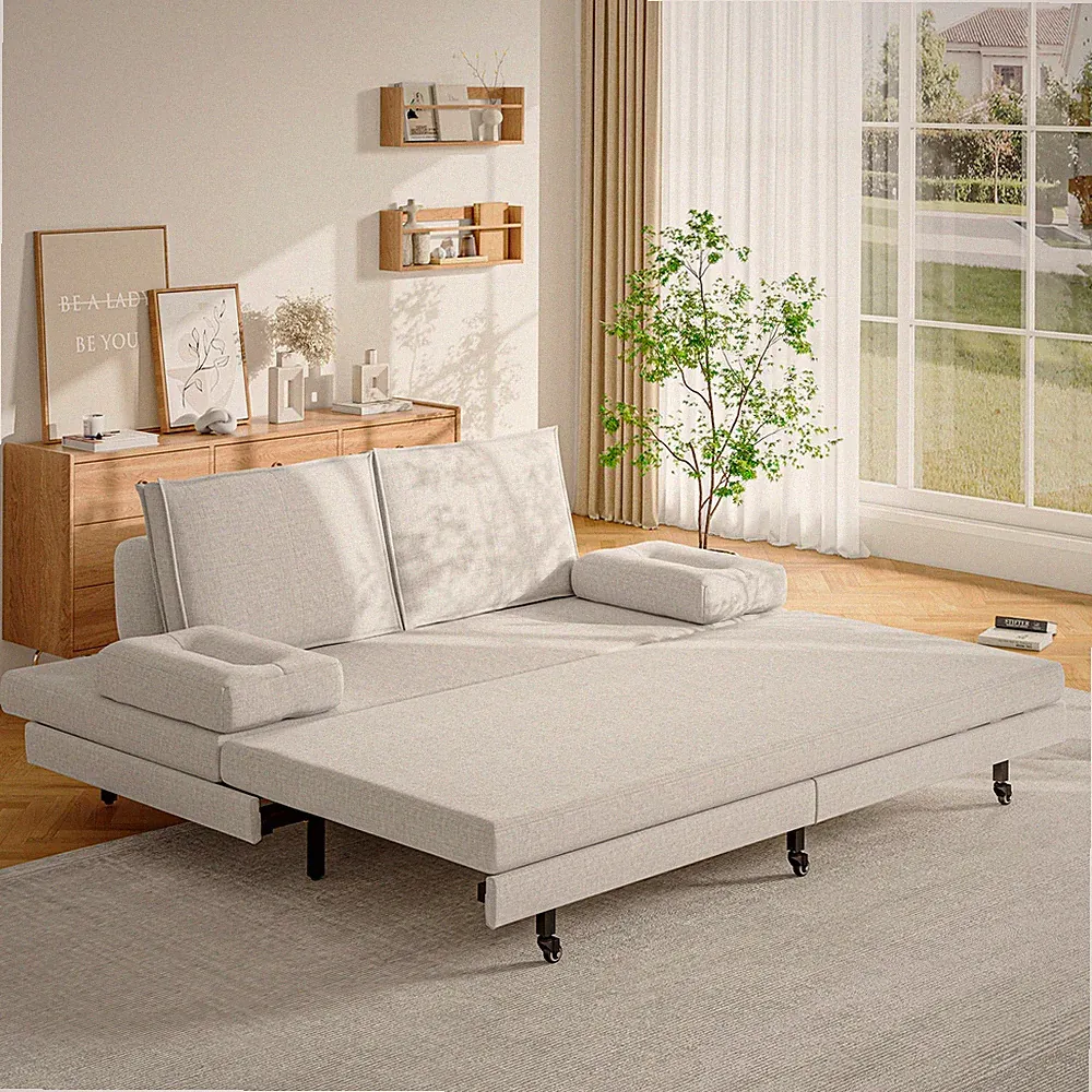Sofabett Polsterbett Bettgestell Tagesbett Ausziehbar 90x200 Leinen Weiß