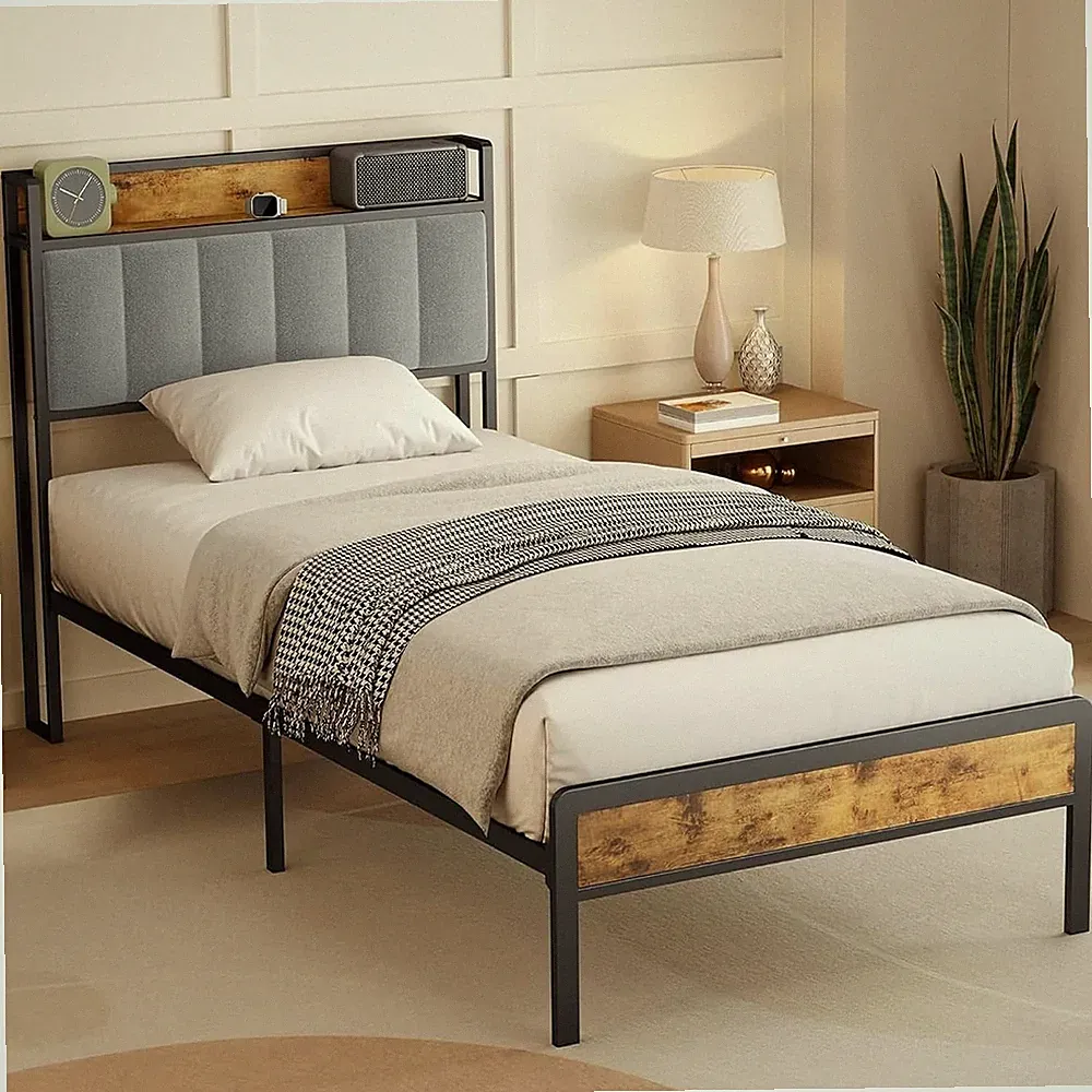 Stabiles Polsterbett mit Kopfteil und Stauraum, Einzelbett 90×200cm, Hellgrau