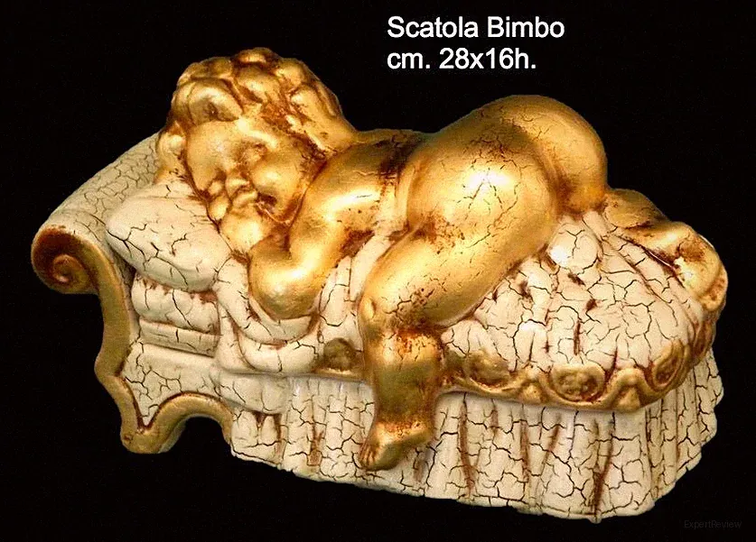 STATUE SCHACHTEL KIND KERAMIK ELFENBEIN BLATTGOLD EINRICHTUNG HAUS BETT