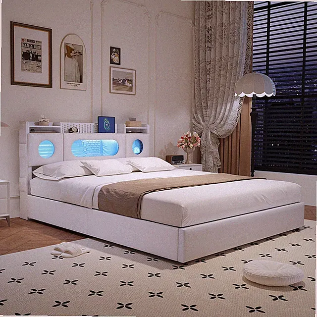 Stauraumbett-160x200cm, Polsterbett, Doppelbett-mit Bettgestell + LED USB weiß
