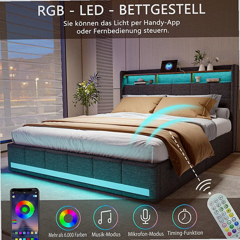 Stauraumbett Polsterbett 160*200cm Bettgestell LED/USB Doppelbett mit Lattenrost