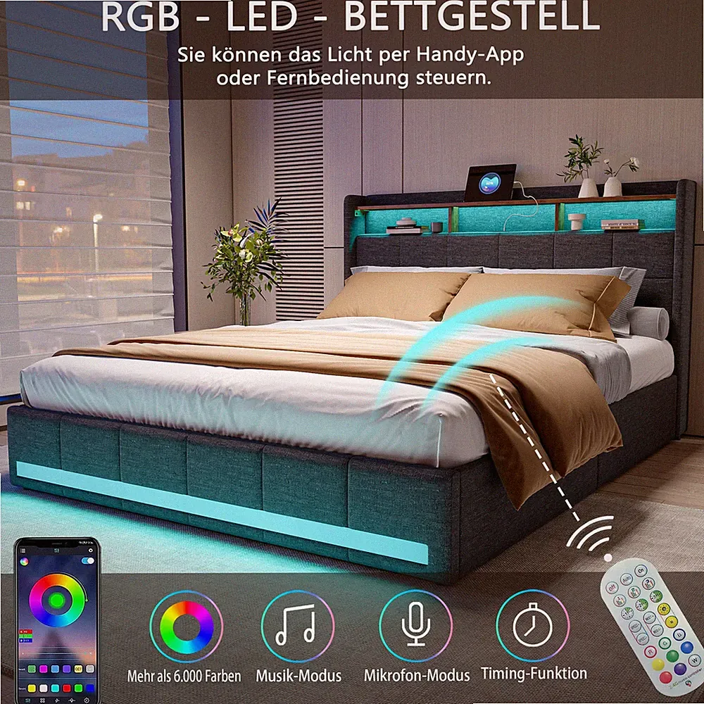 Stauraumbett Polsterbett 160*200cm Bettgestell LED/USB Doppelbett mit Lattenrost