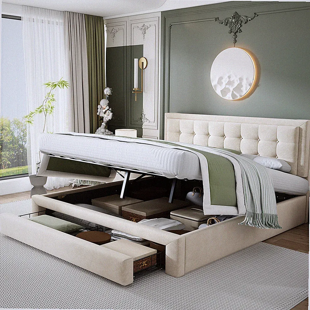 Stauraumbett Polsterbett 180x200 Doppelbett mit Bettkasten und Schubladen Beige