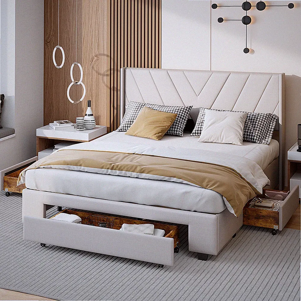 Stauraumbett Polsterbett Doppelbett 140x200 Lattenrost aus Holz Bett Schubladen
