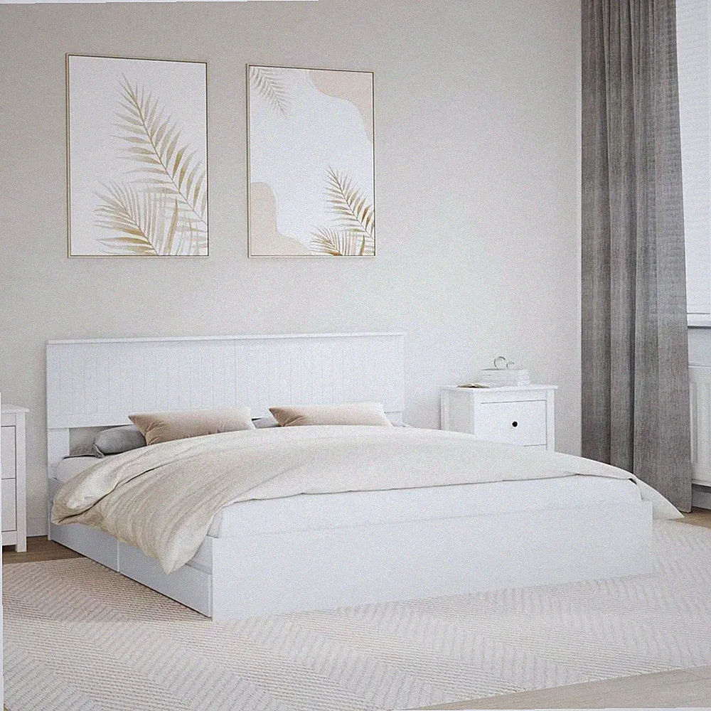 Stauraumbett weiß 180x200 cm Ingenieurholz Lattenrost Kopfteil Schublade schmal