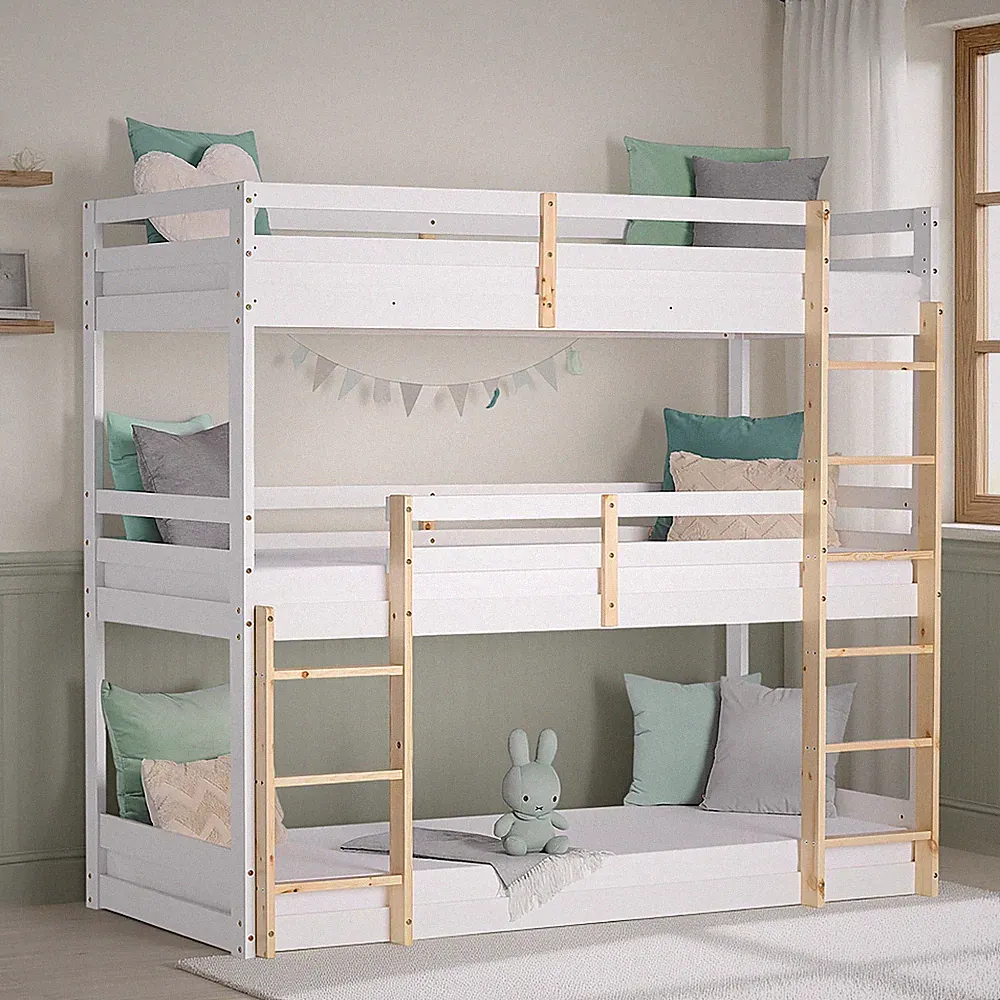 Stockbett 3 Kinder Etagenbett 90x200 Weiß Bett Lattenrost Massivholz Homestyle4u