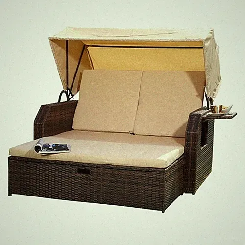 Strandkorb + Dach Sonnenbett Polyrattan Liegebett Relaxliege Sofa Loungeliege