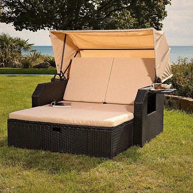 Strandkorb Rattan Schwarz Sonneninsel Gartenliege Rattanbett Sonnenliege Sofa ☀️