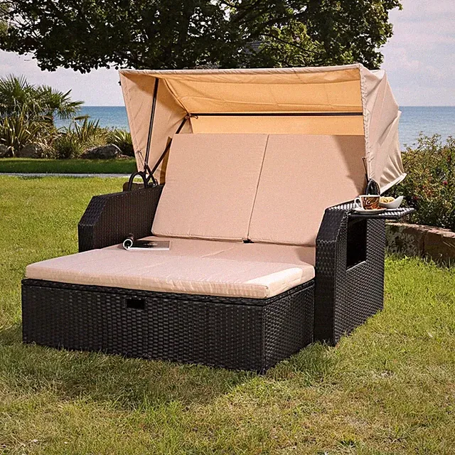 Strandkorb Rattan Schwarz Sonneninsel Gartenliege Rattanbett Sonnenliege Sofa ☀️