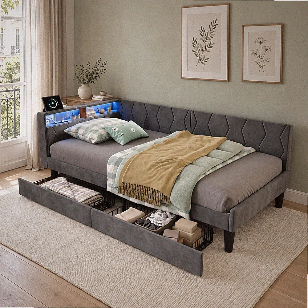 Tagesbett 90x200 mit Schublade Schlafsofa Polsterbett Bettgestell mit Lattenrost