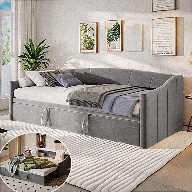 Tagesbett Ausziehbett 90x200cm Sofabett Gästebett Polsterbett Bettgestell Grau