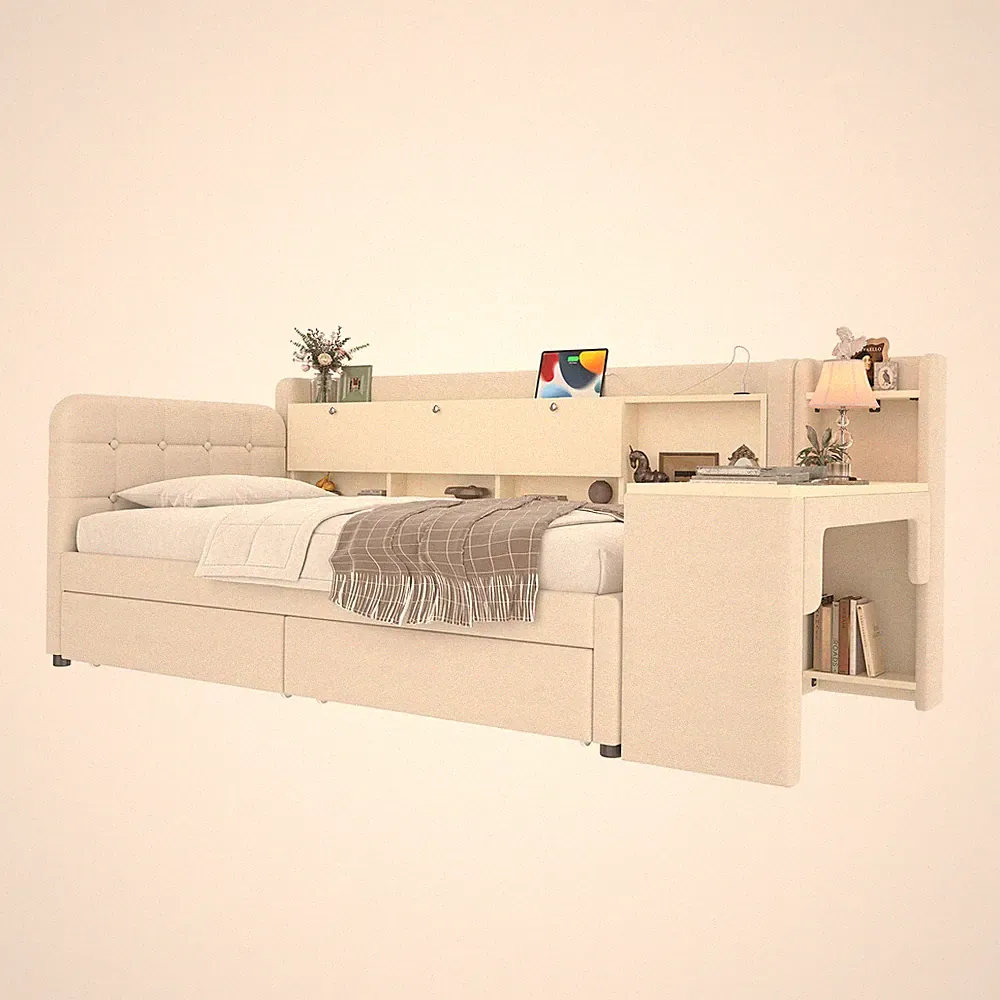 Tagesbett Beige 90x200 cm mit USB & Stauraum SONNENH