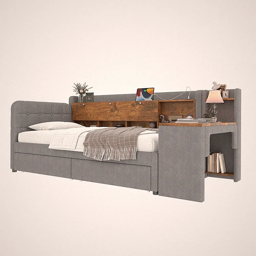 Tagesbett Grau 90x200 cm mit USB & Stauraum SONNENH