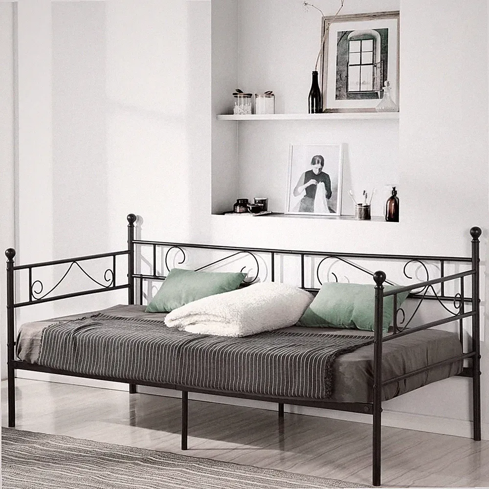 Tagesbett Metallbett 90x190 cm Wasserdicht Schwarz Sofabett für Schlafzimmer