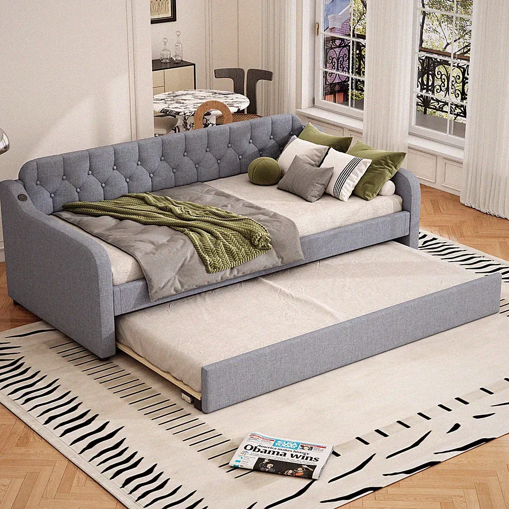 Tagesbett mit Ausziehbares Rollbett Schlafsofa USB-Anschluss Gästebett 90*200cm