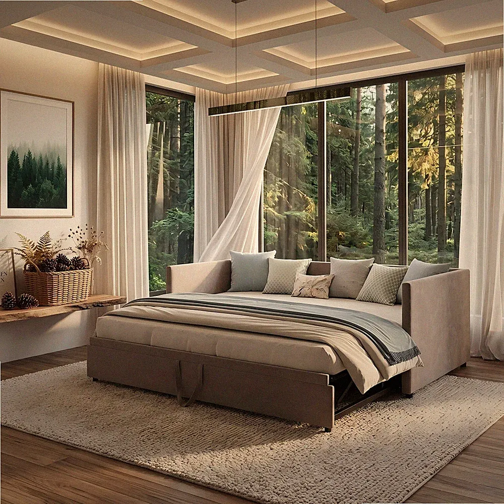 Tagesbett mit Ausziehbett, Schlafsofa 90x200cm 180x200cm Polsterbett Doppelbett