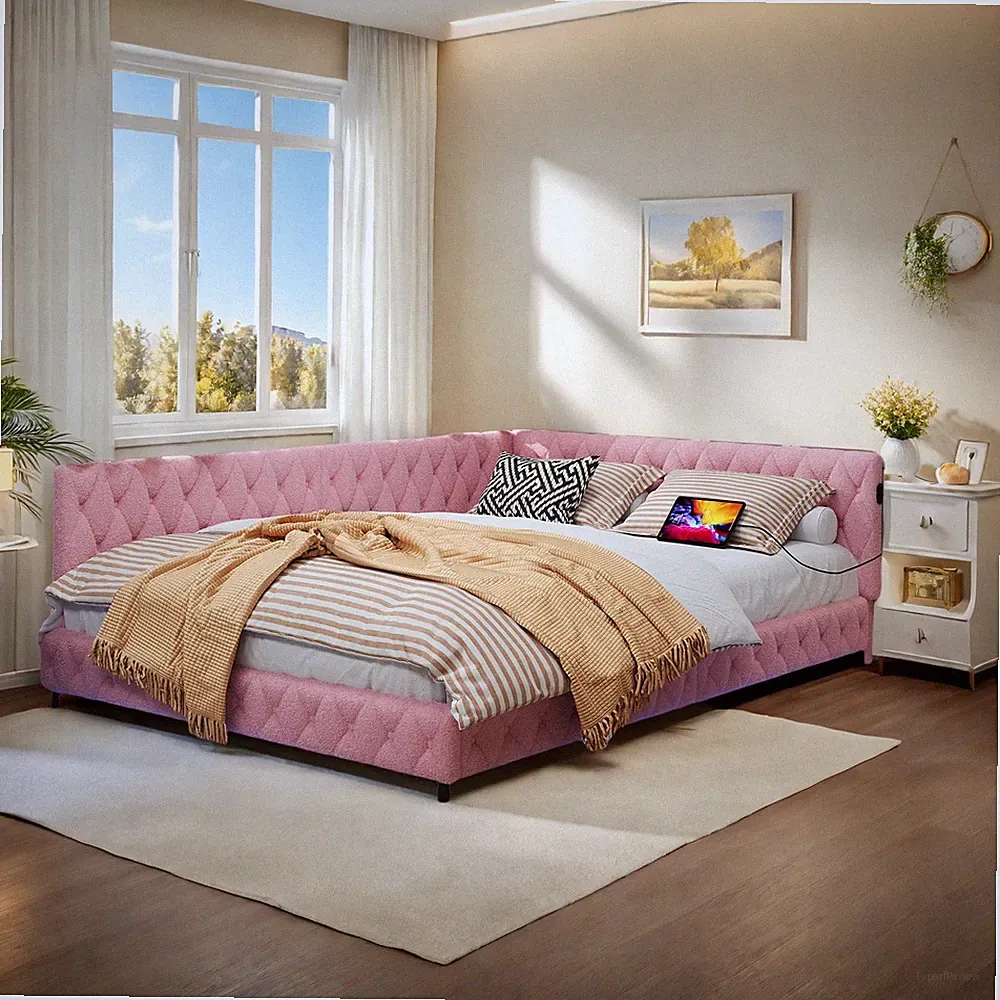 Tagesbett Polsterbett Schlafsofa 140x200 cm Doppelbett mit LED&USB Lattenrost