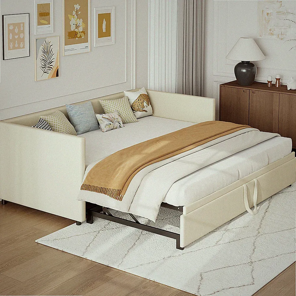 Tagesbett Polsterbett Sofabett 90/180x200 Gästebett Bettgestell Ausziehbar Beige