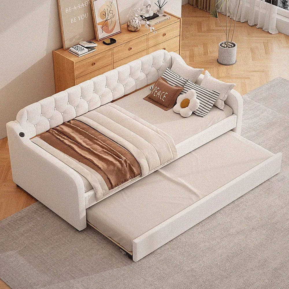 Tagesbett Schlafsofa mit Ausziehbares Rollbett USB-Anschluss Gästebett 90*200cm