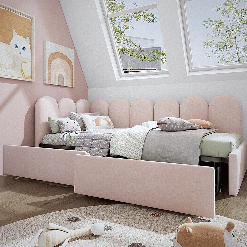 Tagesbett Schlafsofa Polsterbett Multifunktionsbett 90x200cm mit Bettkasten Rosa