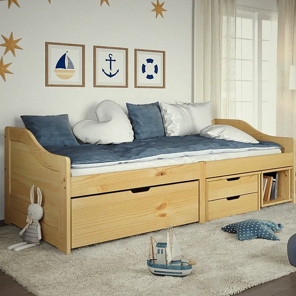 Tagesbett Singlebett Gästebett Bett mit 3 Schubladen 90x200cm Massivholz Kiefer