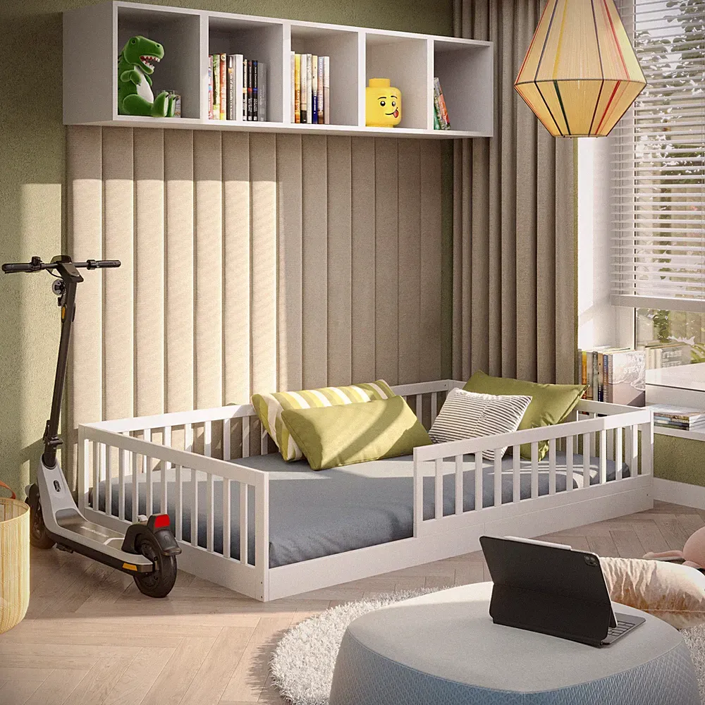 Timi Bodenbett Montessori Kinderbett 90-140x200cm mit abnehmbaren Rausfallschutz