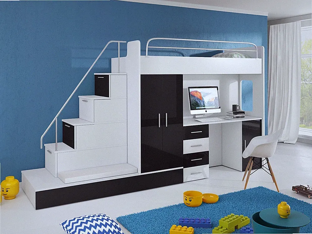 TOMI Hochbett mit Schrank, Schreibtisch, Treppe und Gästebett in Hochglanz weiß