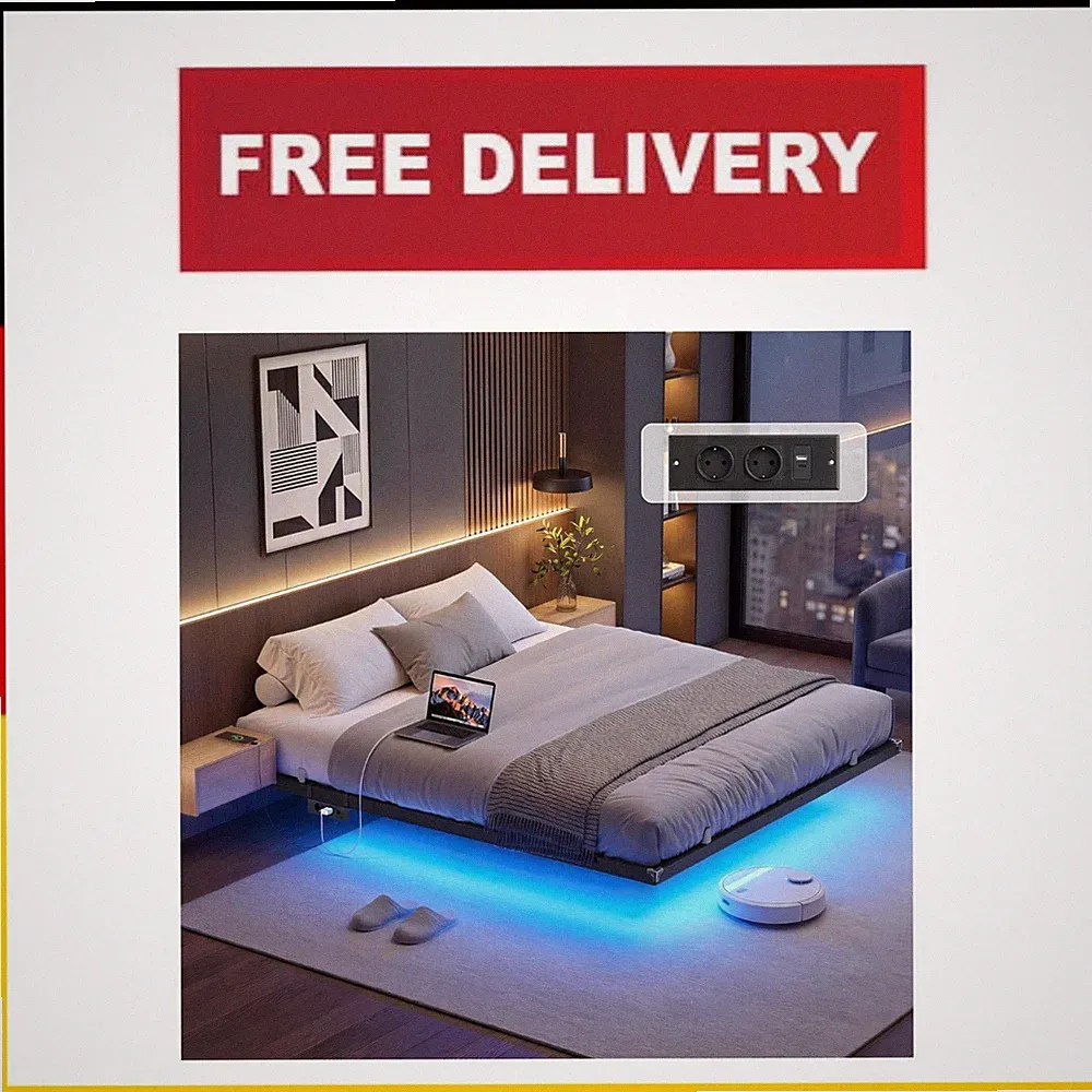 VASAGLE Bettgestell 160x200 cm mit LED-Beleuchtung, schwebender Effekt