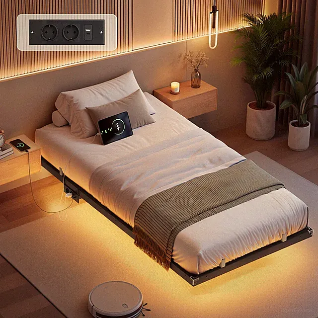 VASAGLE Bettgestell mit LED-Beleuchtung, USB-C-Anschluss, Steckdosenleiste