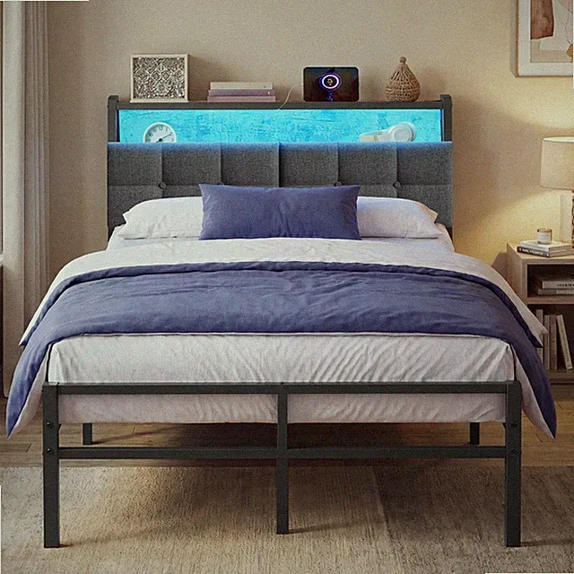 VASAGLE Metallbett, Bettgestell mit Kopfteil, Bett mit Stauraum, LED Beleuchtung