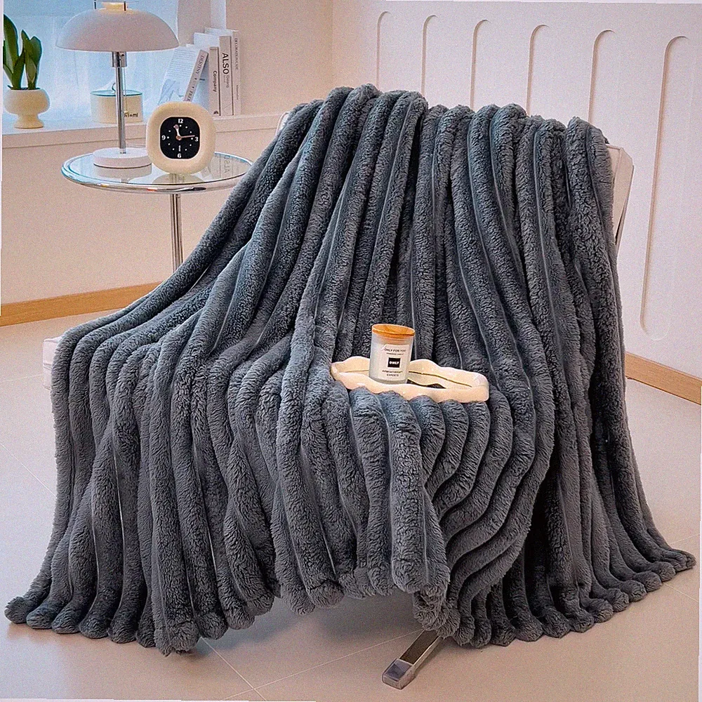 Verdickte Flanell Decke Breit Gestreift Weiche Kuscheldecke Sofa Bett Tagesdecke