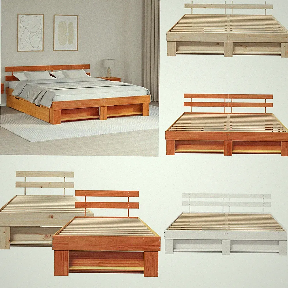 vidaXL Bettgestell mit Kopfteil Braun 135 x 190 cm Massivholz Kiefer