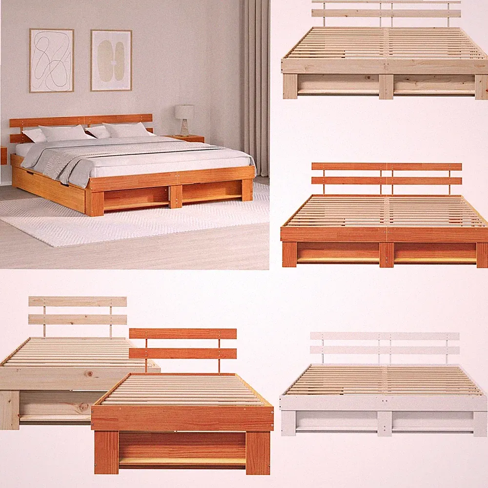 vidaXL Bettgestell mit Kopfteil Braun 135 x 190 cm Massivholz Kiefer