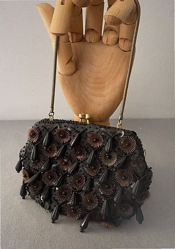 Vintage 1940-50er Pandora Schwarz Braun Cha Cha Betten Pailletten Abendtasche Empire Made
